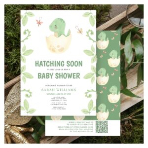 QR Code Cute Dinosaur Hatching Soon Baby Shower Invitation