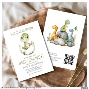 QR Code Cute Dinosaur Hatching Soon Baby Shower Invitation