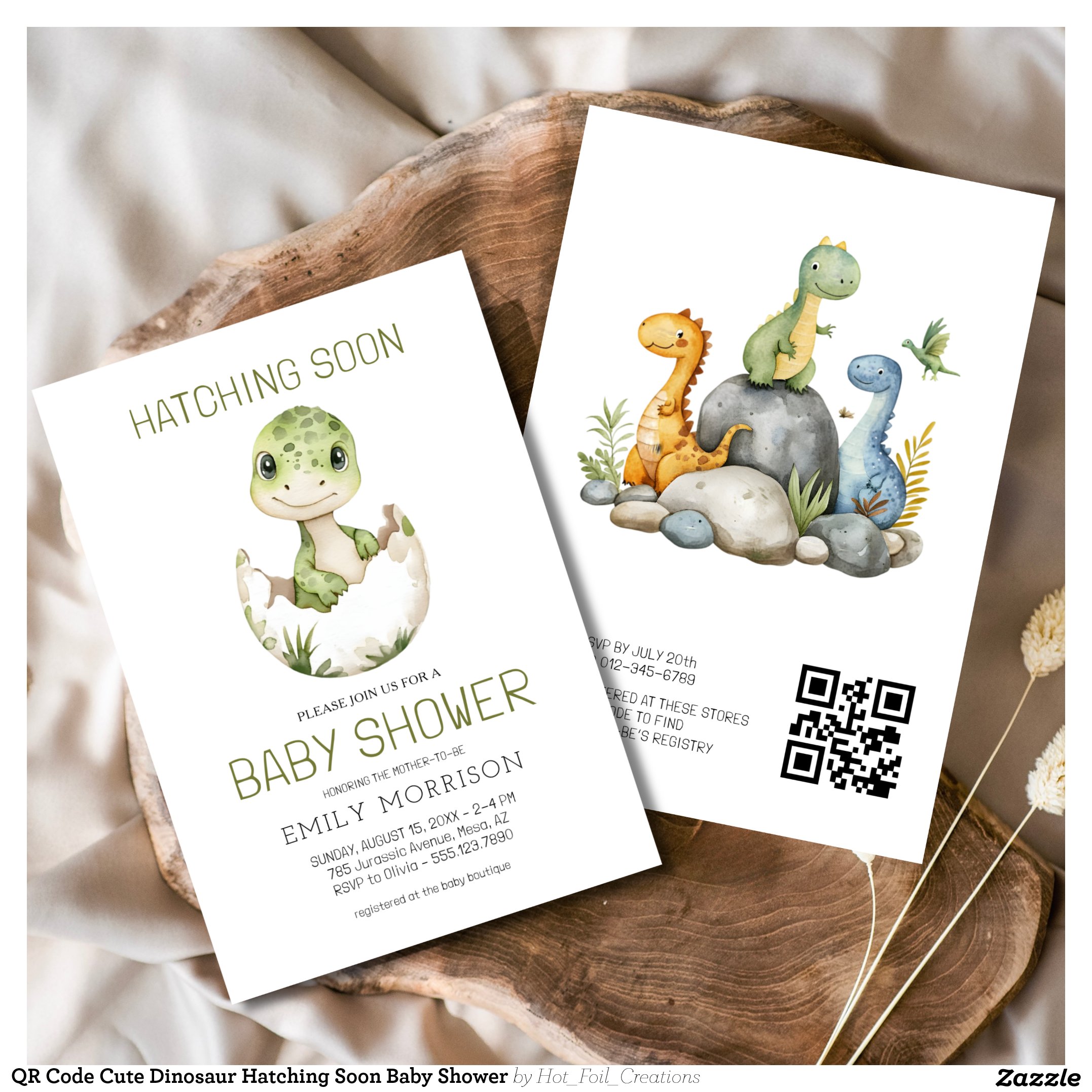 QR Code Cute Dinosaur Hatching Soon Baby Shower Invitation