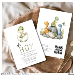 QR Code Oh Boy Dinosaur Baby Boy Shower Invitation