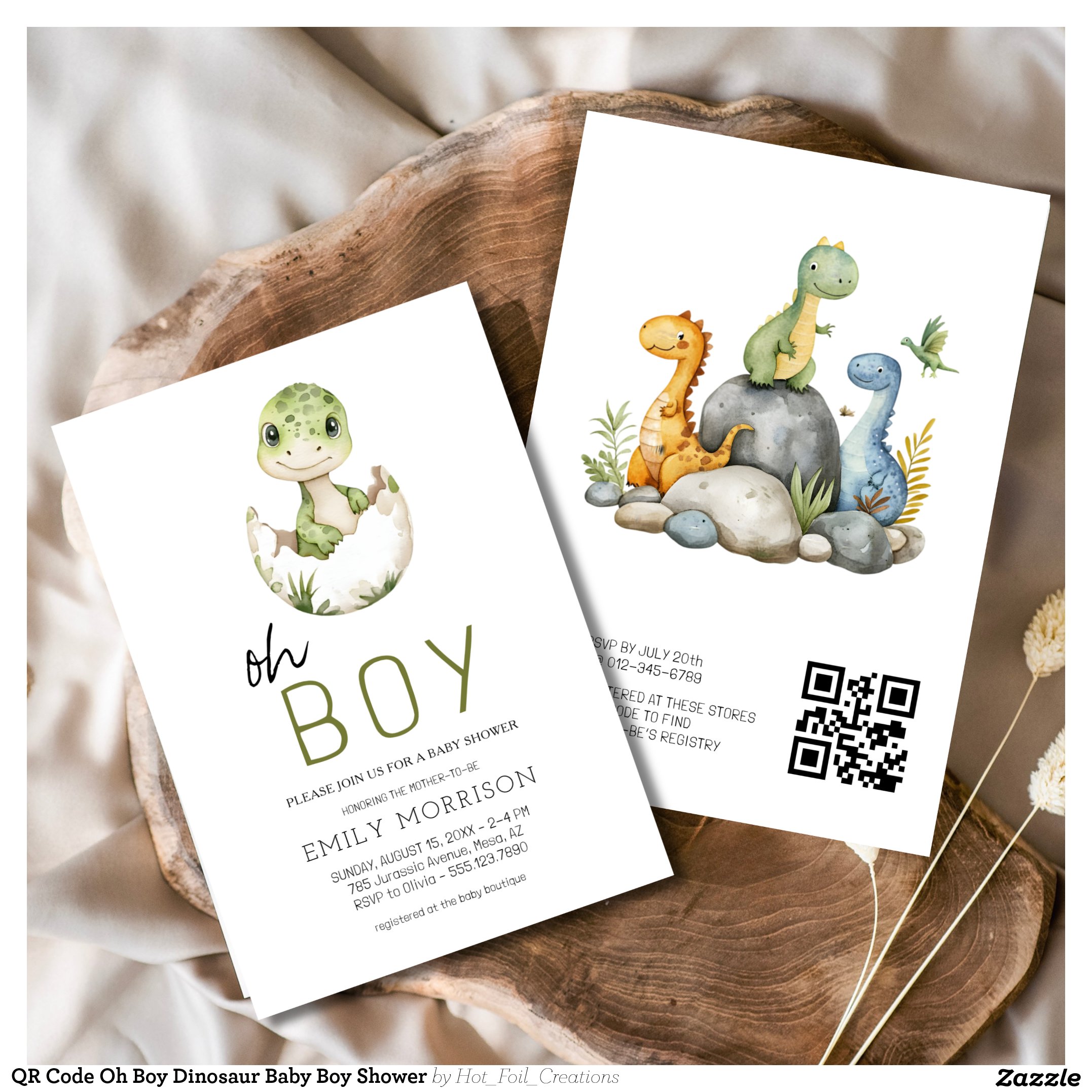 QR Code Oh Boy Dinosaur Baby Boy Shower Invitation