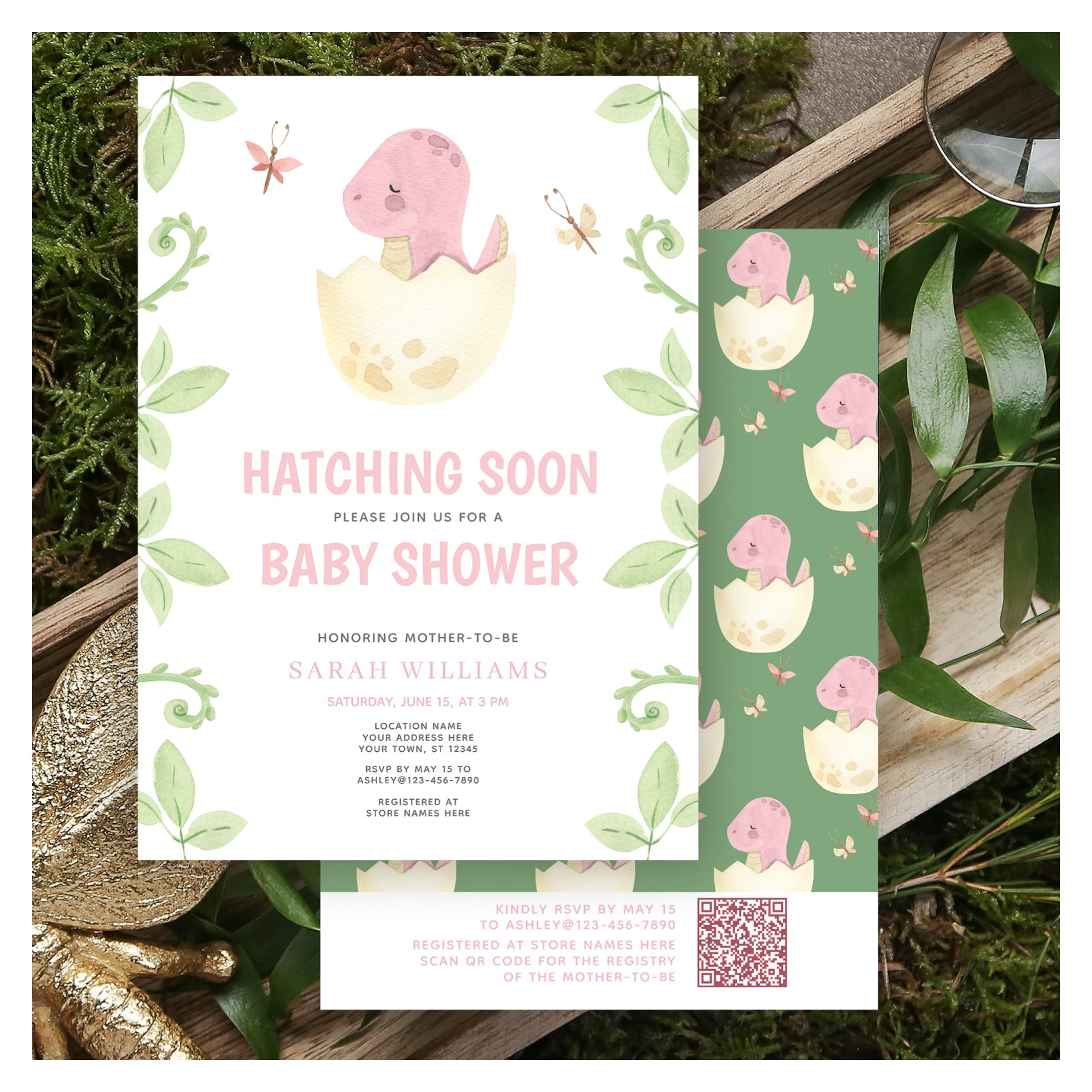 QR Cute Dinosaur Hatching Soon Pink Baby Shower Invitation