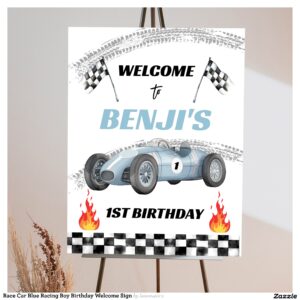 Race Car Blue Racing Boy Birthday Welcome Sign
