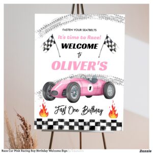 Race Car Pink Racing Boy Birthday Welcome Sign