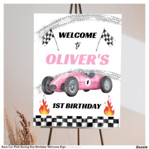 Race Car Pink Racing Boy Birthday Welcome Sign