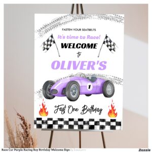 Race Car Purple Racing Boy Birthday Welcome Sign