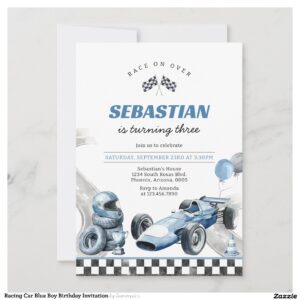Racing Car Blue Boy Birthday Invitation