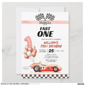 Racing Car Fast One Blue 1st Birthday Invitation