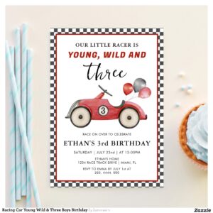 Racing Car Young Wild & Three Boys Birthday Invitation