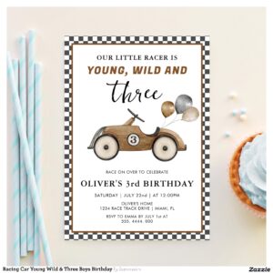 Racing Car Young Wild & Three Boys Birthday Invitation