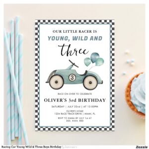 Racing Car Young Wild & Three Boys Birthday Invitation