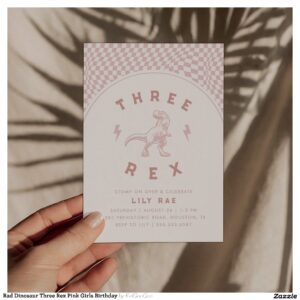 Rad Dinosaur Three Rex Pink Girls Birthday Invitation