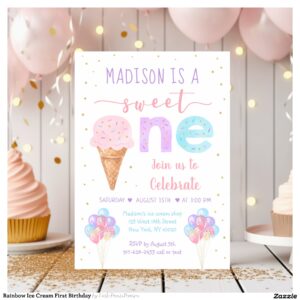 Rainbow Ice Cream First Birthday Invitation