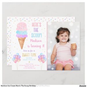 Rainbow Ice Cream Here's The Scoop Birthday Invitation