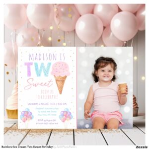 Rainbow Ice Cream Two Sweet Birthday Invitation
