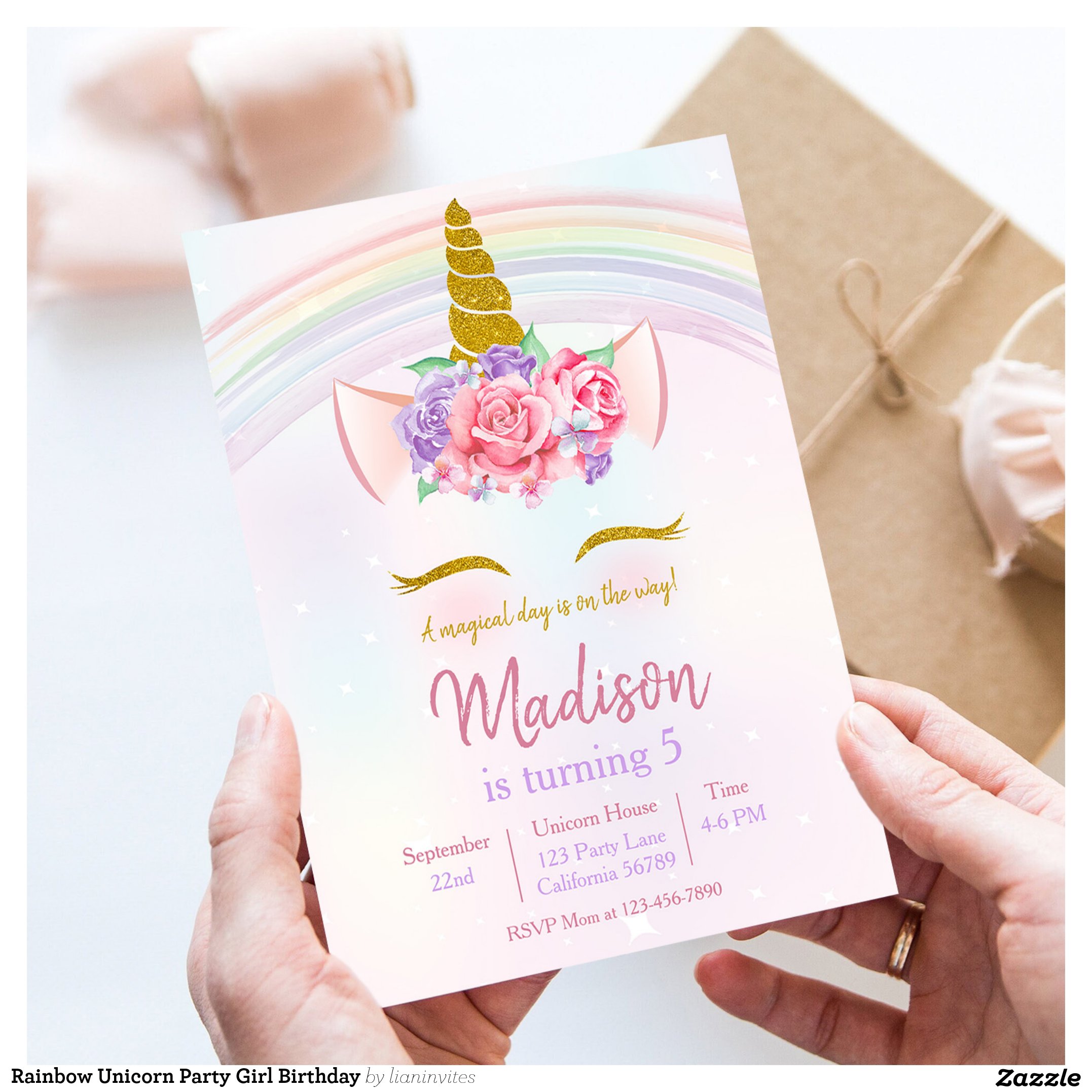 Rainbow Unicorn Party Girl Birthday Invitation