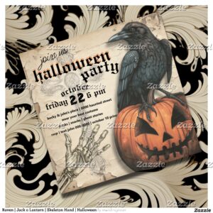 Raven Jack o Lantern Skeleton Hand Halloween Invitation