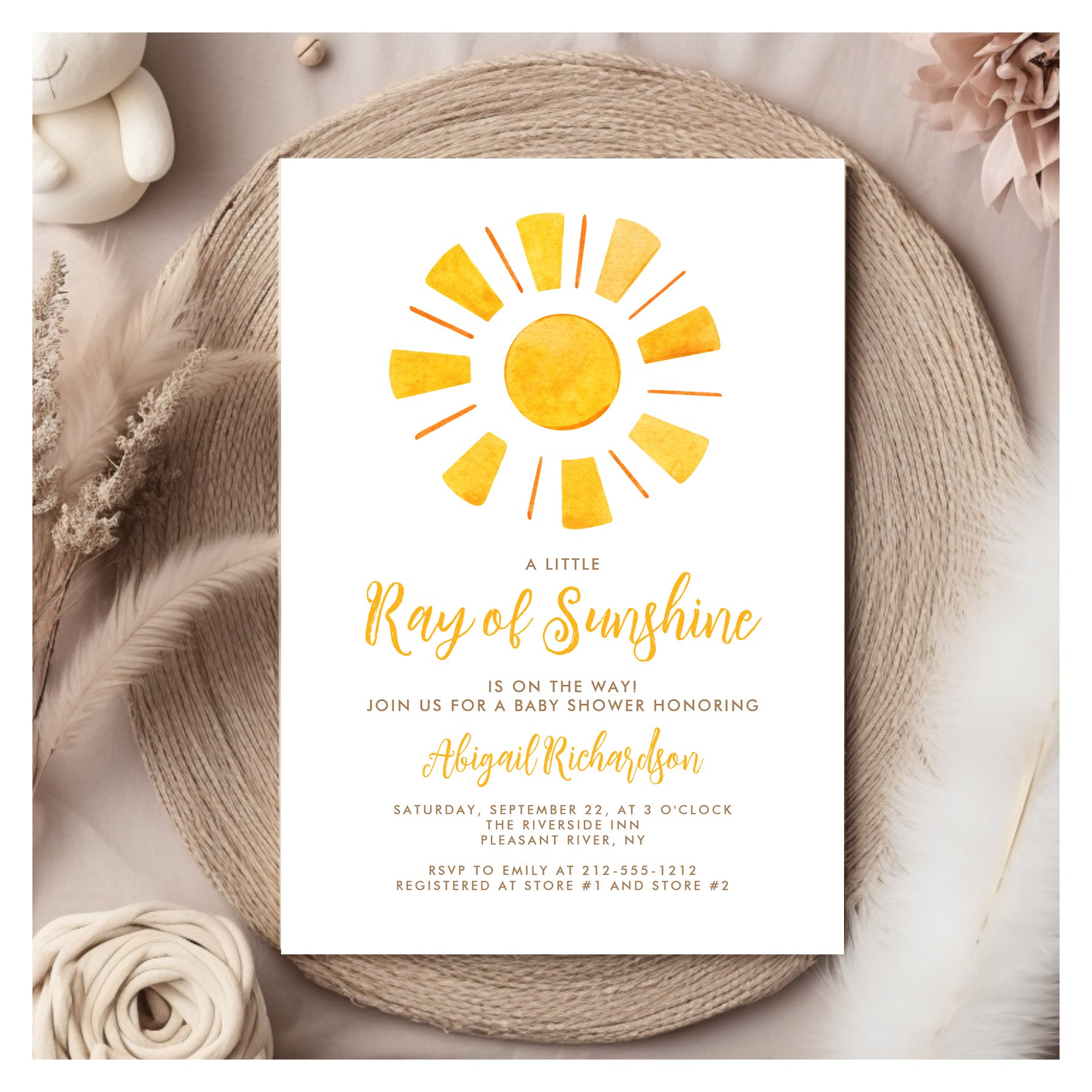 Ray of Sunshine Yellow Orange Baby Shower Invitation