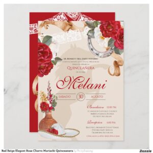 Red Beige Elegant Rose Charro Mariachi Quinceanera Invitation