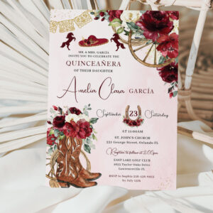Red Burgundy Floral Charro Western Quinceanera Invitation