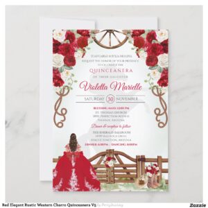 Red Elegant Rustic Western Charro Quinceanera V5 Invitation