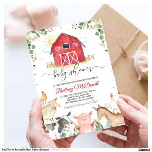 Red Farm Animals Boy Baby Shower Invitation