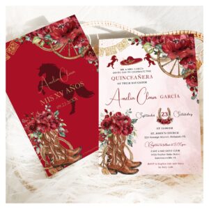 Red Floral Charro Horseshoe Boots Quincea?era Invitation