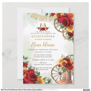 Red Floral Sunflowers Boots Horseshoe Quincea?era Invitation