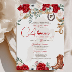Red Quinceanera Rose Anemone Fancy Charro/Cowgirl Invitation