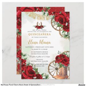Red Roses Floral Charro Boots Sweet 16 Quincea?era Invitation