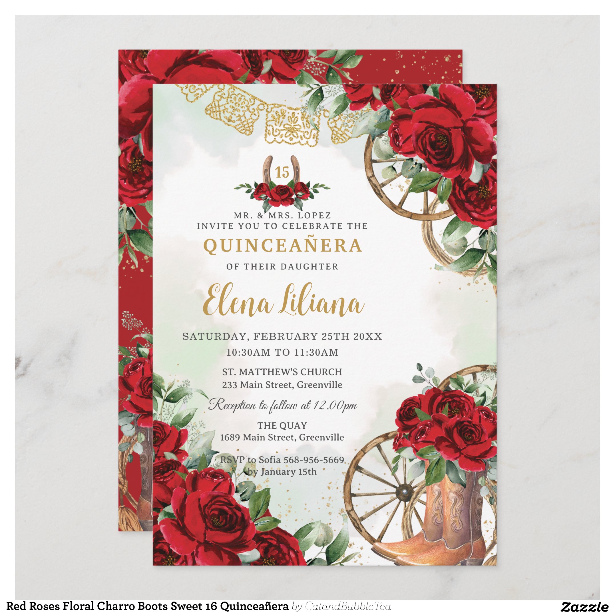 Red Roses Floral Charro Boots Sweet 16 Quincea?era Invitation