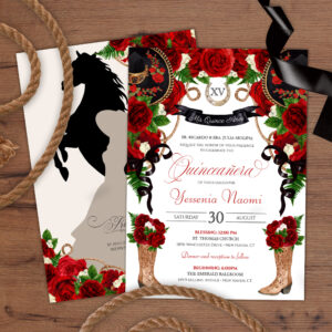 Red Roses Peonies Rustic Western Charra QuinceAnos Invitation