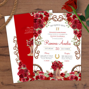 Red Rustic Western Charro Cowboy Boots Quince Invitation