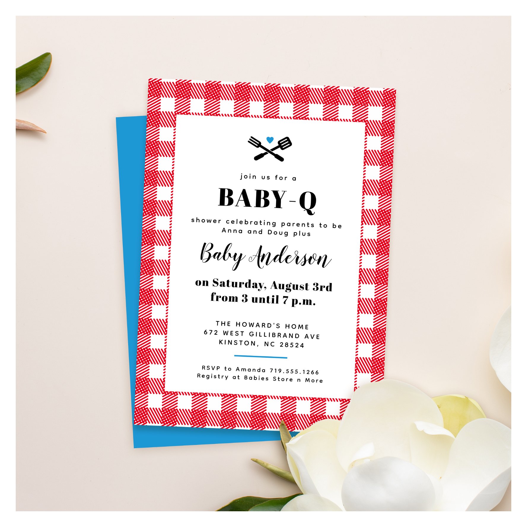 Red White and Blue Plaid Baby-Q Shower Invitation