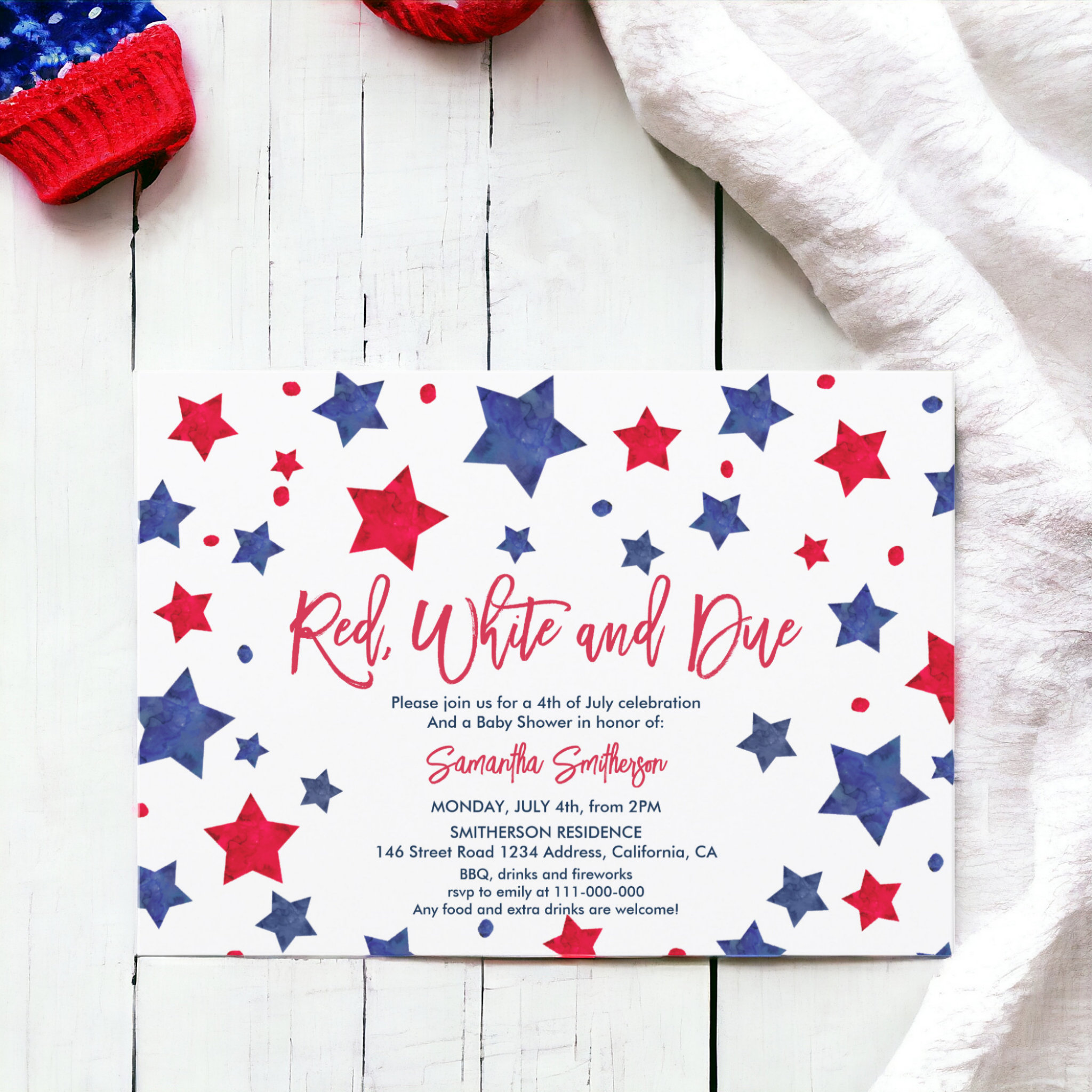 Red white and due stars 4th of July baby shower Invitation