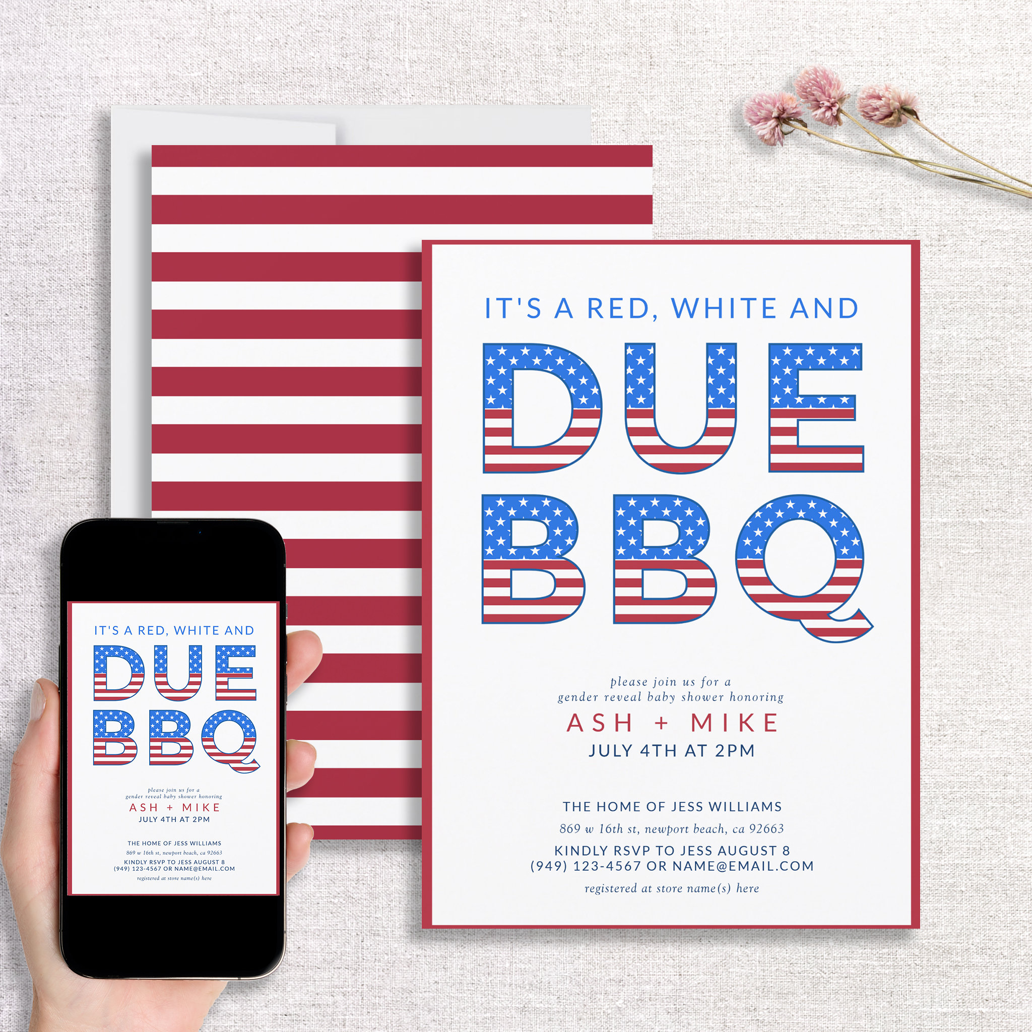 Red White & Due BBQ Gender Reveal Baby Shower Invitation