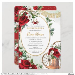 Red White Roses Charro Boots Sweet 16 Quincea?era Invitation