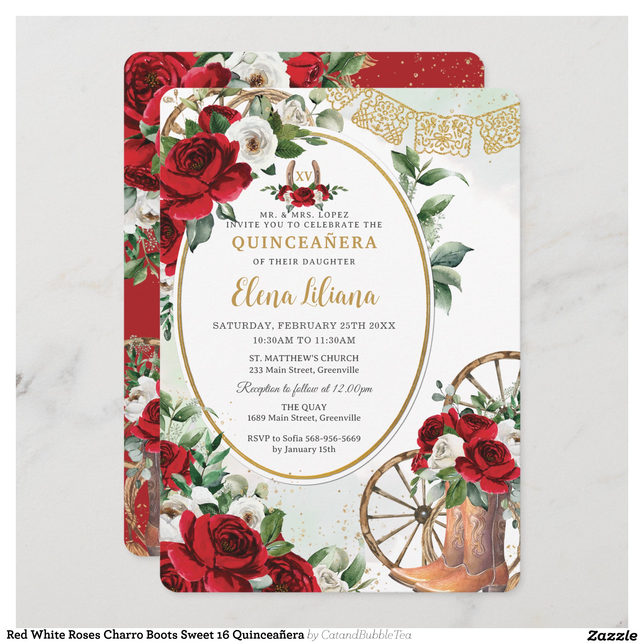 Red White Roses Charro Boots Sweet 16 Quincea?era Invitation