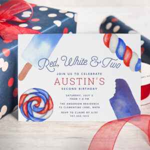 Red, White & Two Kids Second Birthday Party Invitation