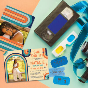 Retro 70's Bold Typography Rainbow Arch Graduation Invitation