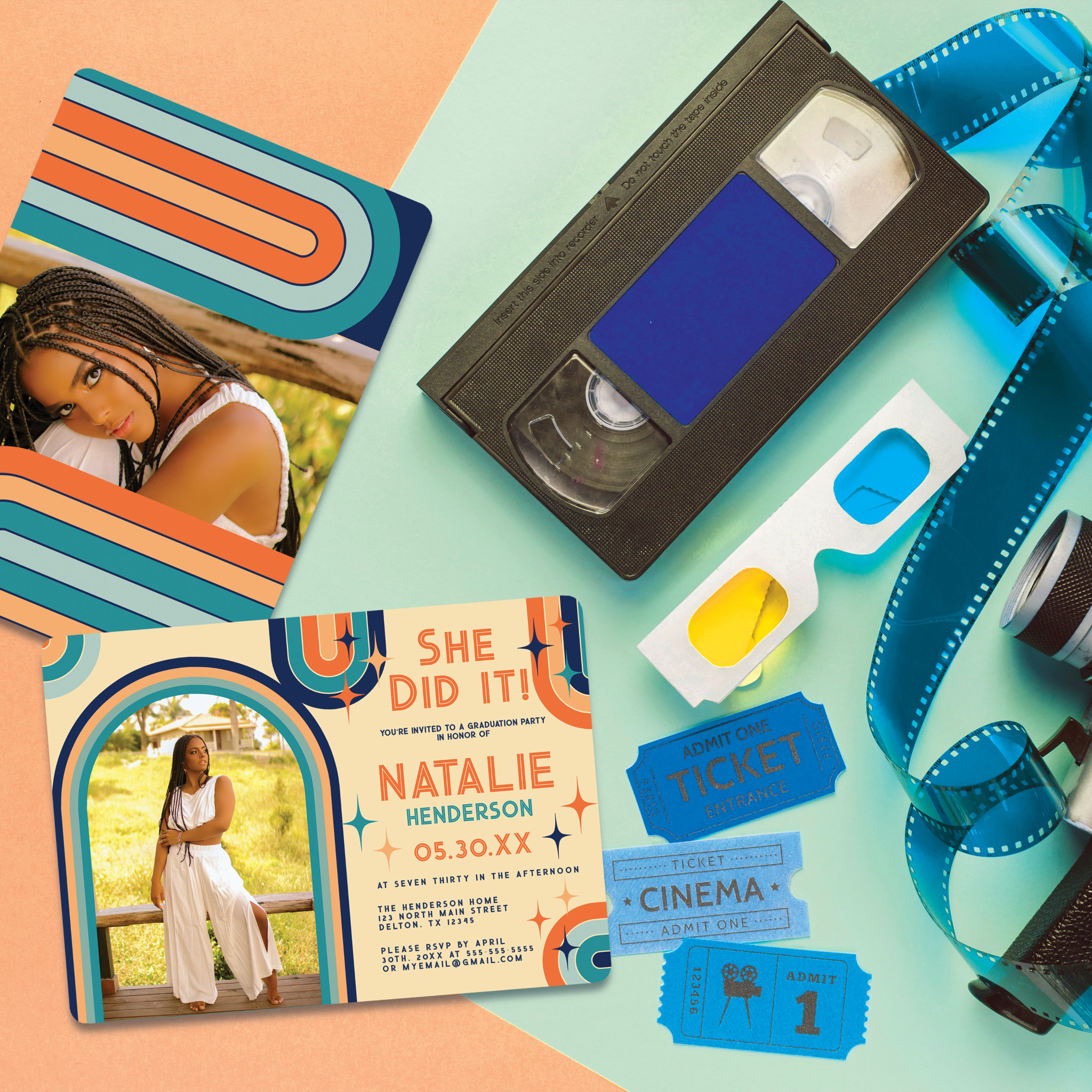 Retro 70's Bold Typography Rainbow Arch Graduation Invitation