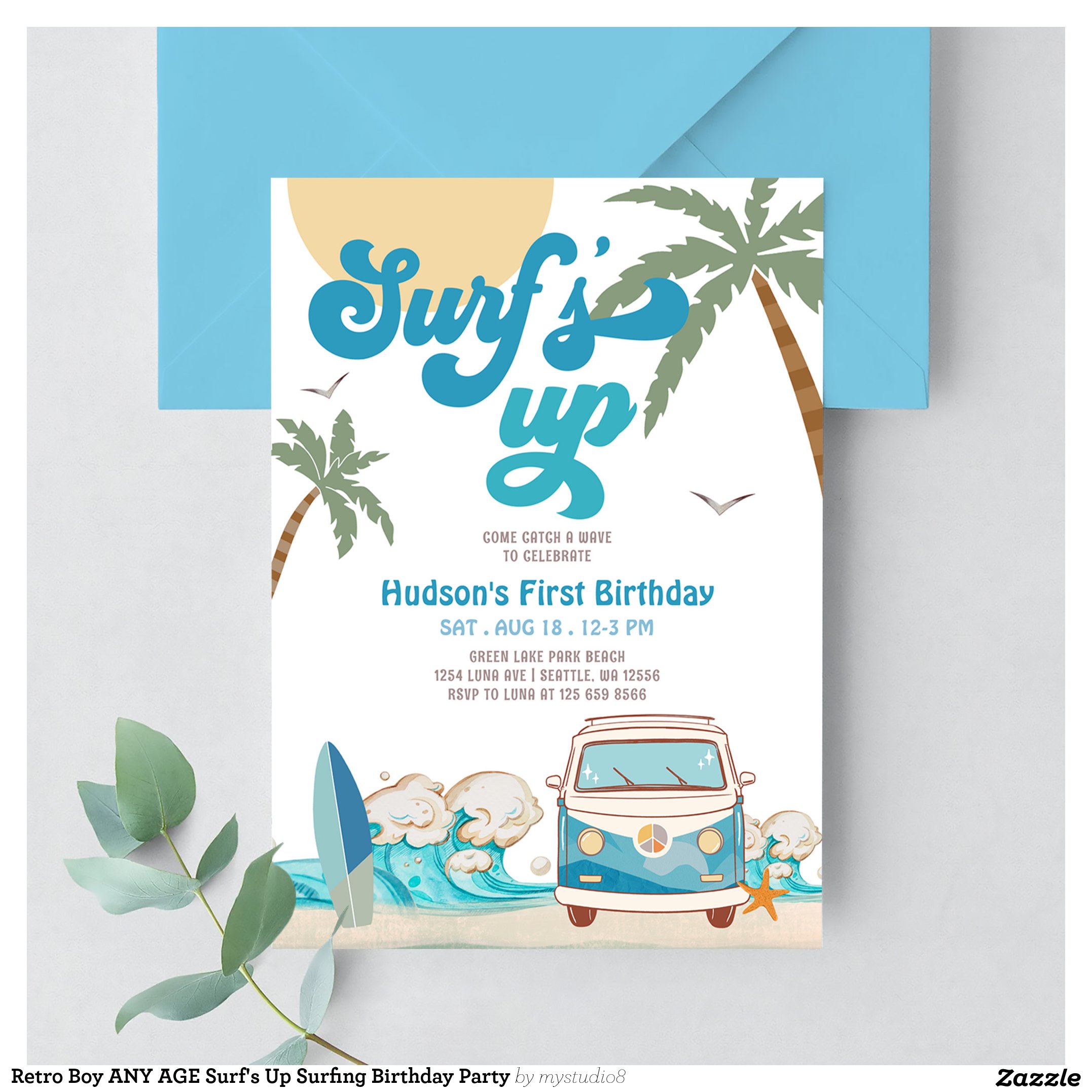 Retro Boy ANY AGE Surf's Up Surfing Birthday Party Invitation