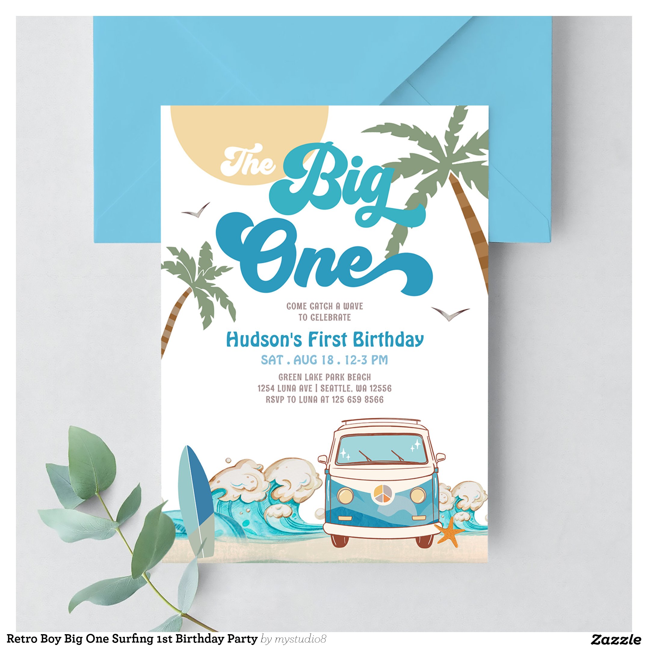Retro Boy Big One Surfing 1st Birthday Party Invitation