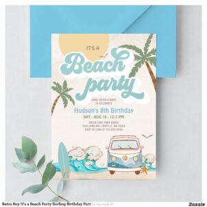 Retro Boy It's a Beach Party Surfing Birthday Part Invitation
