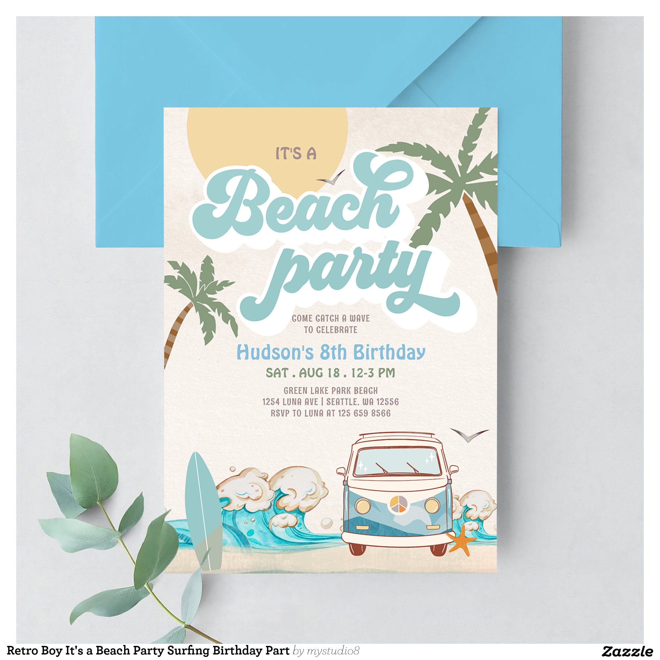 Retro Boy It's a Beach Party Surfing Birthday Part Invitation