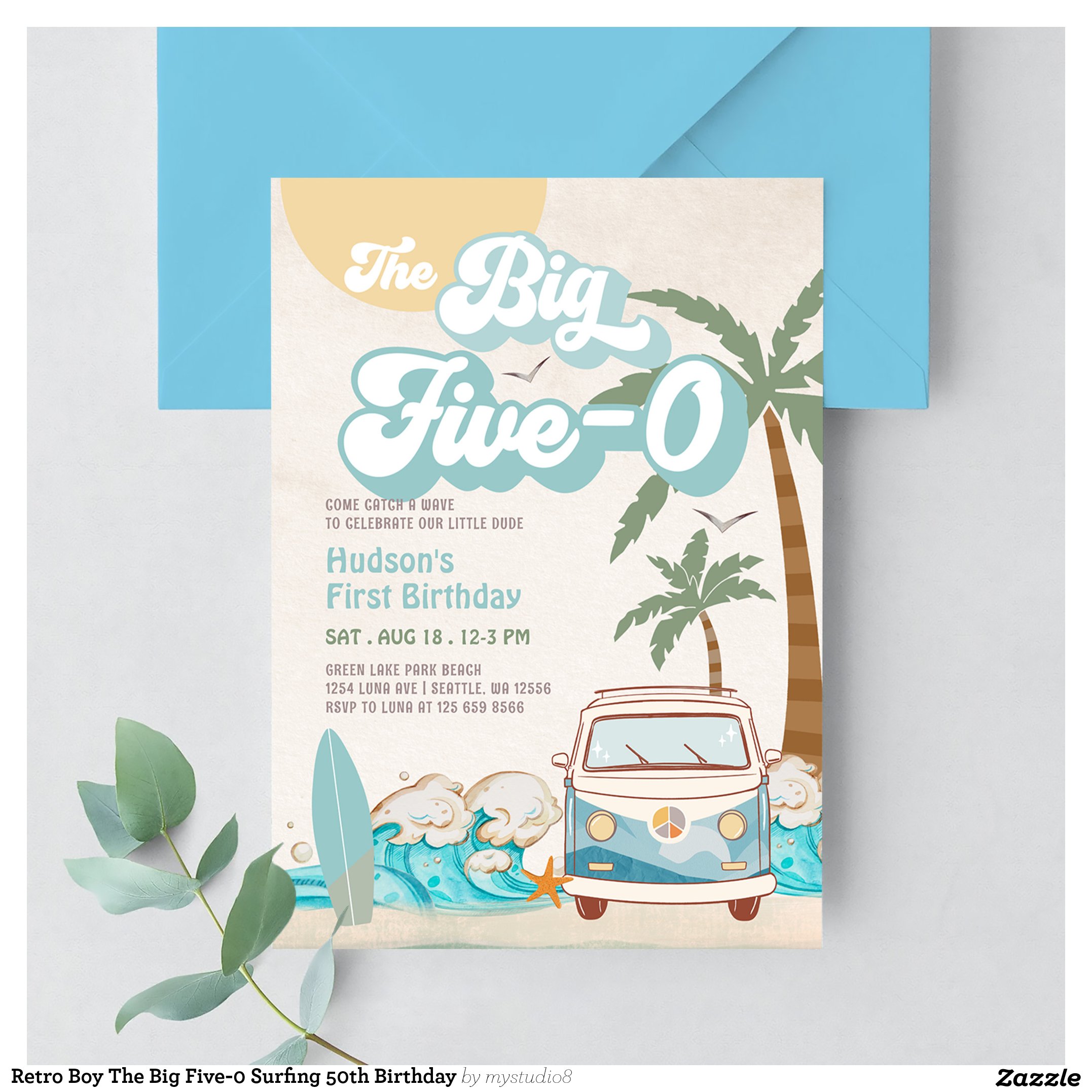 Retro Boy The Big Five-0 Surfing 50th Birthday Invitation