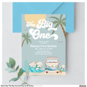 Retro Boy The Big One Surfing 1st Birthday Invitation