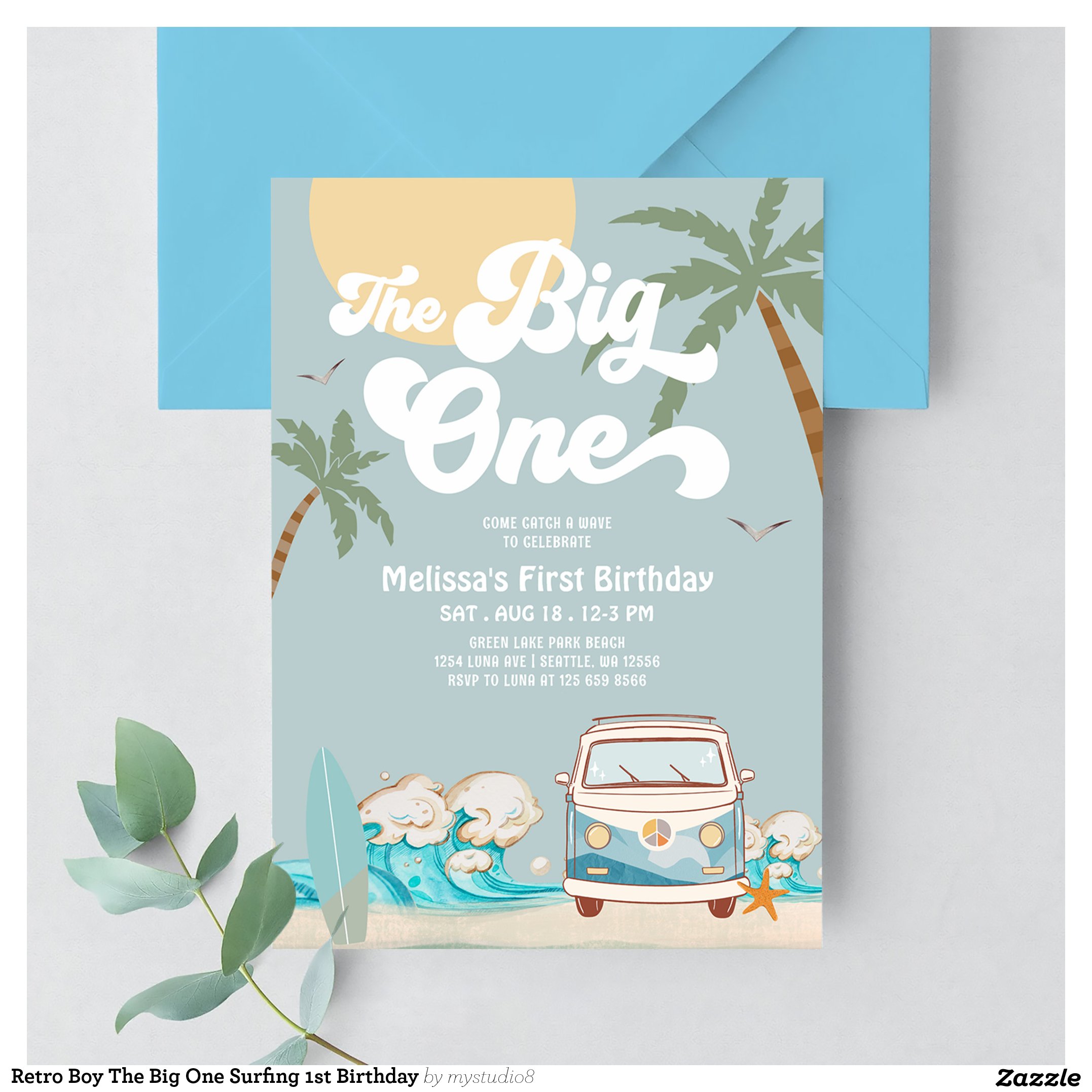 Retro Boy The Big One Surfing 1st Birthday Invitation