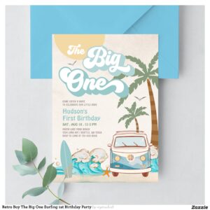 Retro Boy The Big One Surfing 1st Birthday Party Invitation