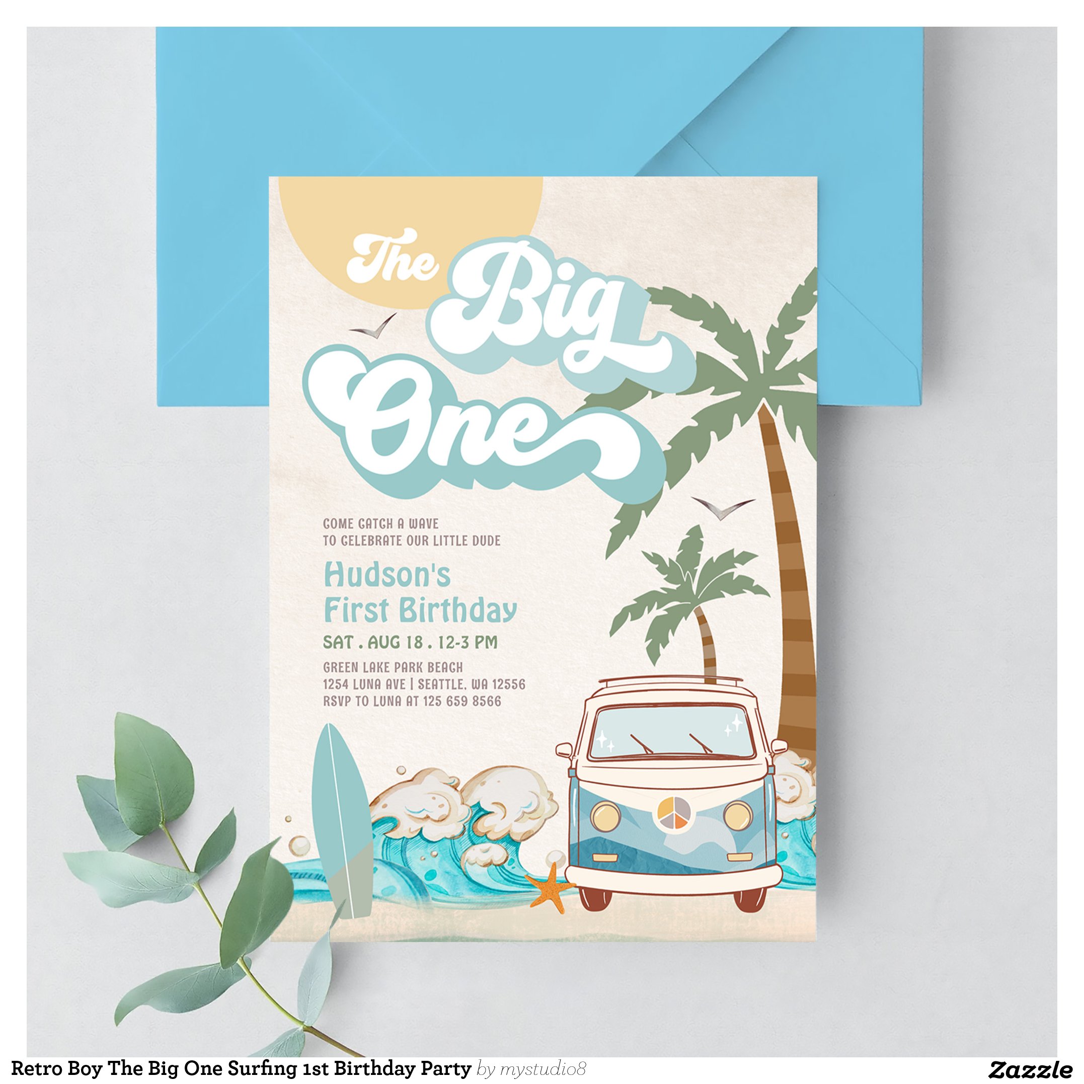 Retro Boy The Big One Surfing 1st Birthday Party Invitation